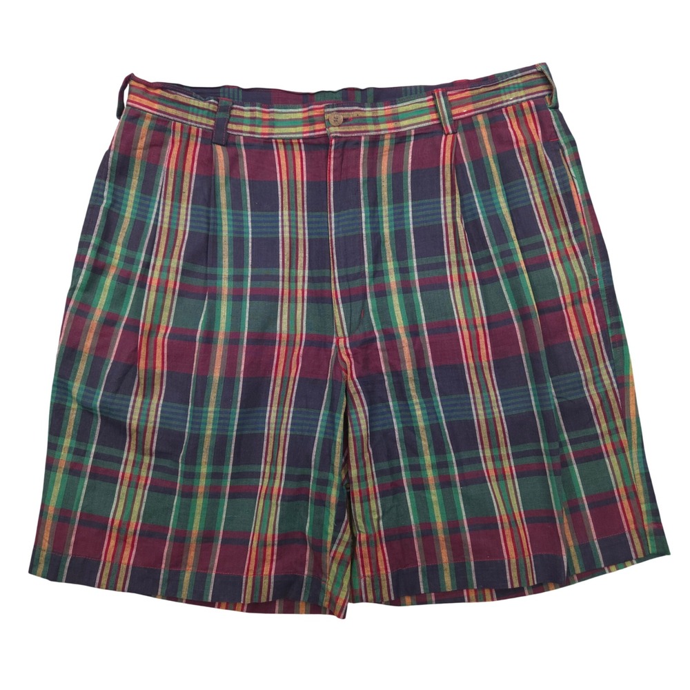 VTG IZOD Golf Shorts Pleated Front Tartan Madras Plaid Blue Cotton Mens Size 38